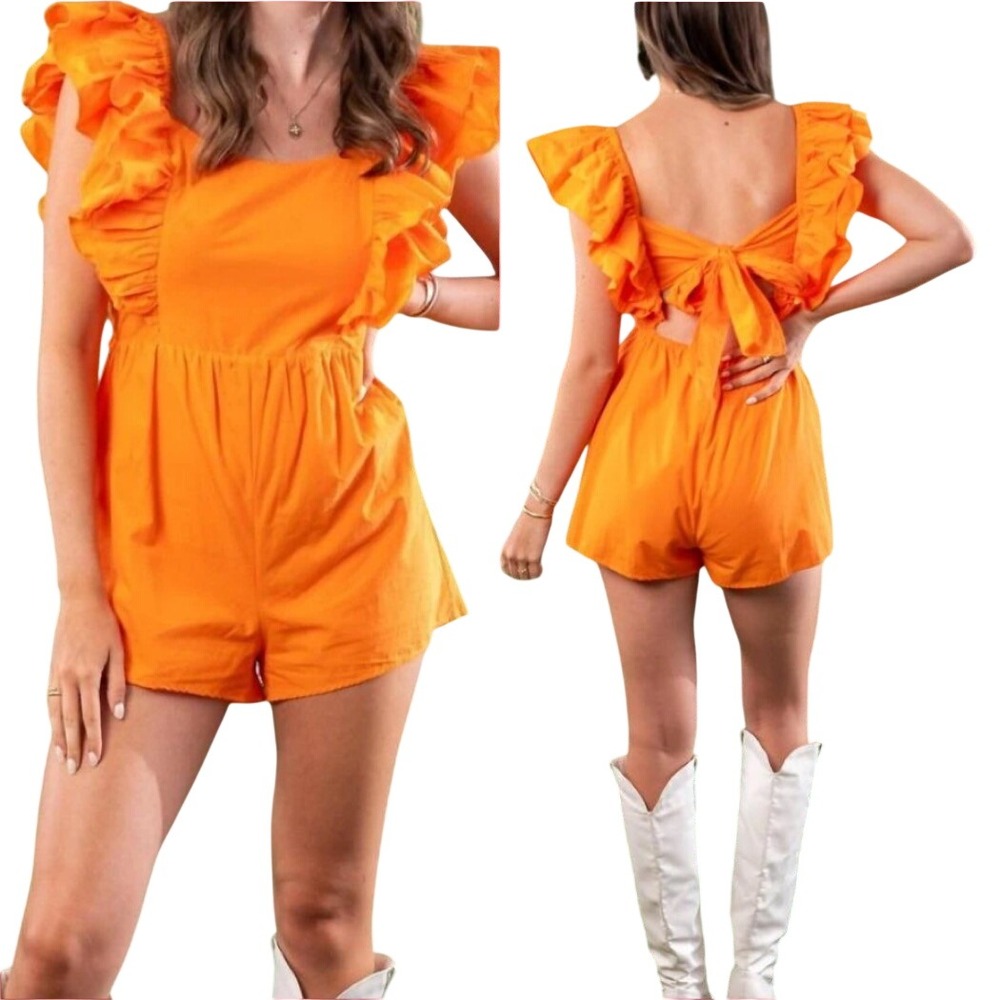 Day + Moon‎ Tailgate Party Romper Orange Ruffle Tie Back Cutout S Party Festival
